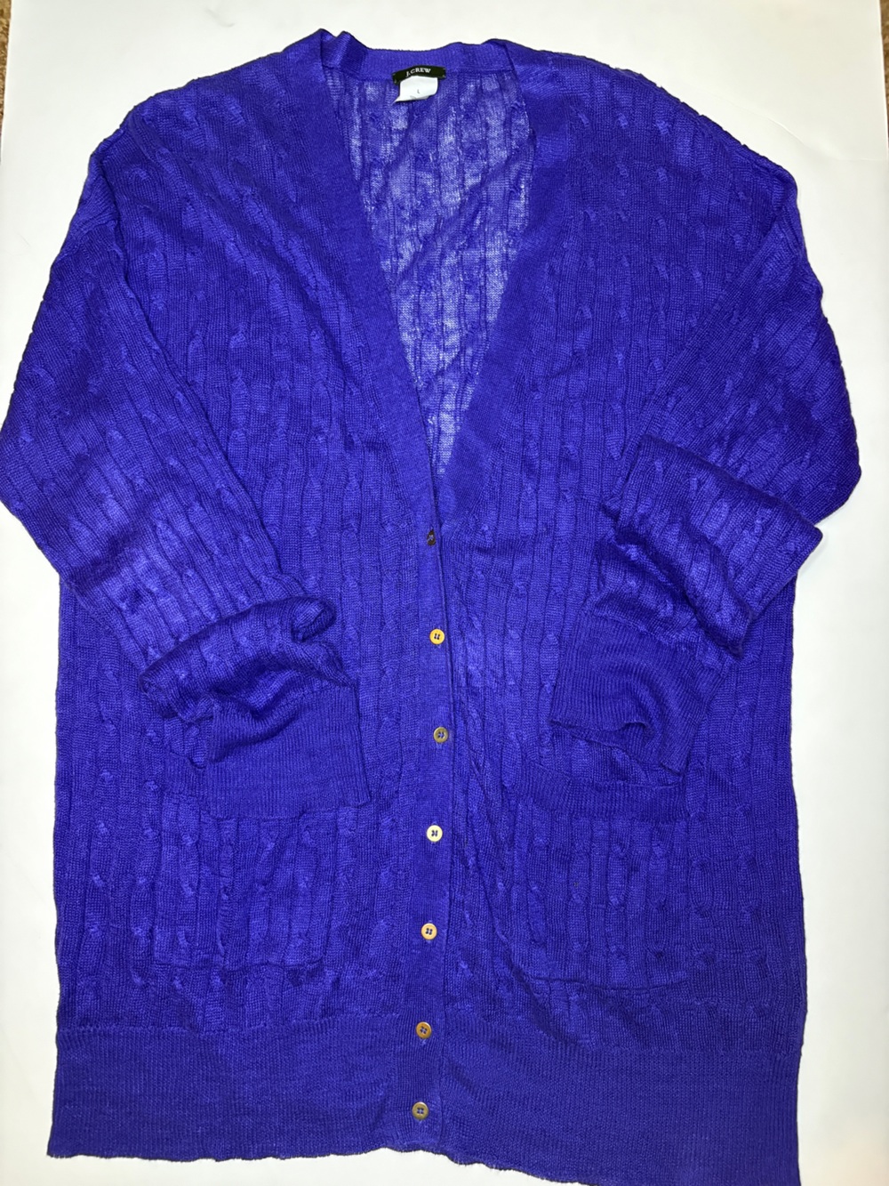 J.crew 100% linen purple cable knit gold button long sleeve cardigan sz l